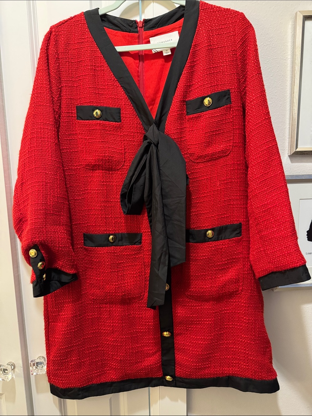 Pomander Place {Tuckernuck} Red Bouclé Mini Dress with Black Trim & Gold Buttons